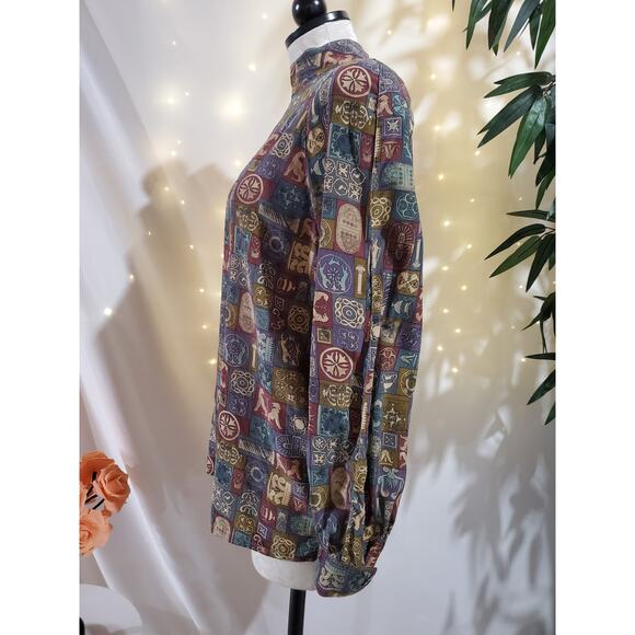 Silks VTG 80s 90s Egyptian Hieroglyph Long Sleeve Mock Blouse Womens Size M Top - Picture 2 of 13